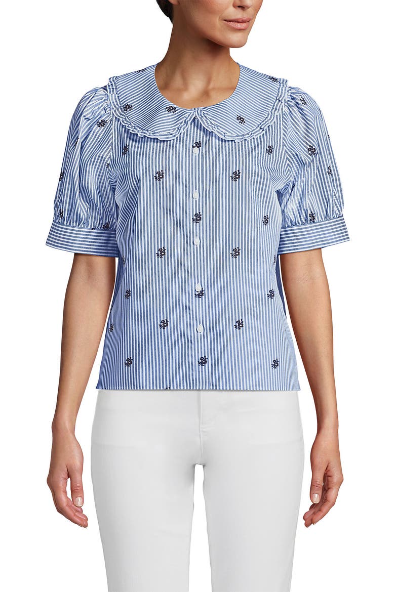 Easy Care Puff Sleeve Statement Collar Shirt, Alternate, color, White/Blue Floral Stripe