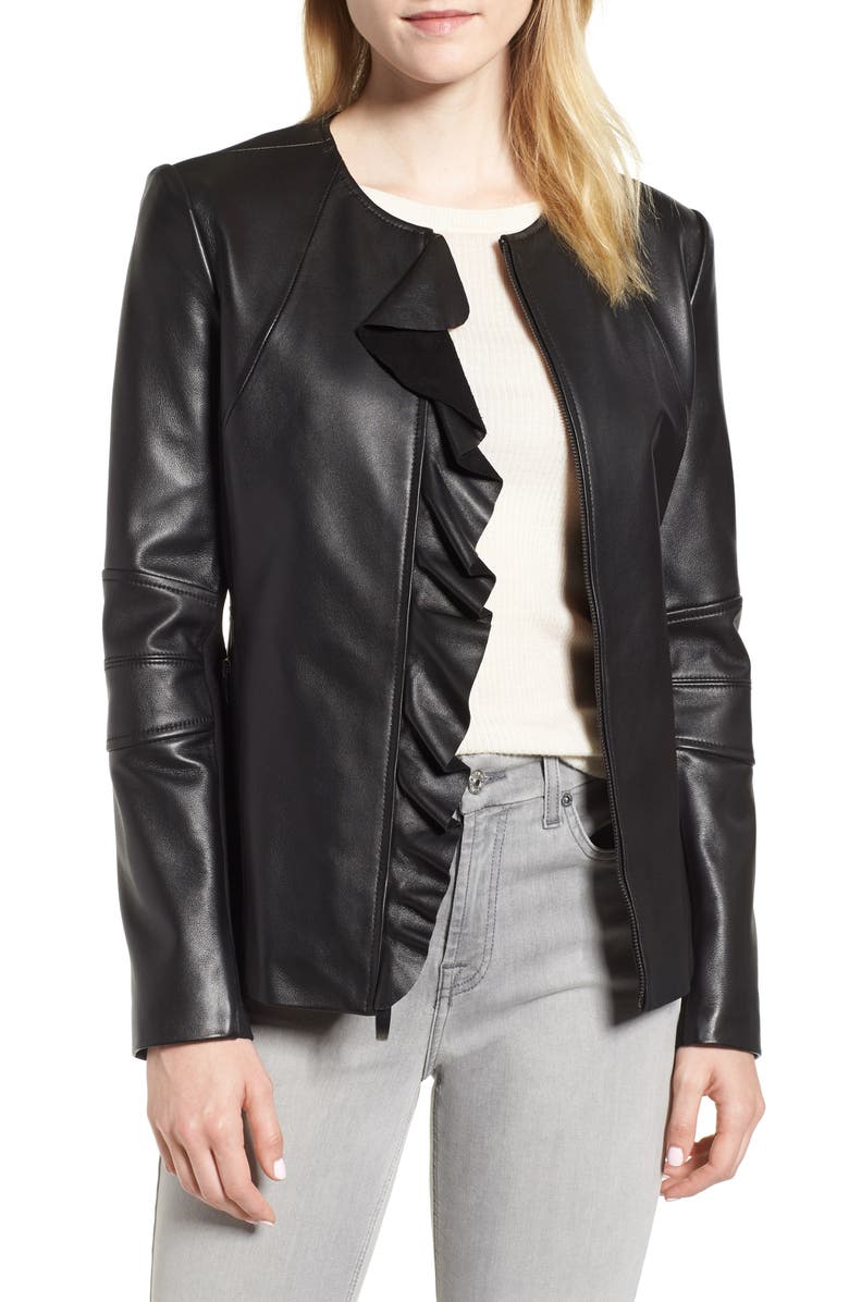 Via Spiga Center Ruffle Leather Jacket, Main, color, 