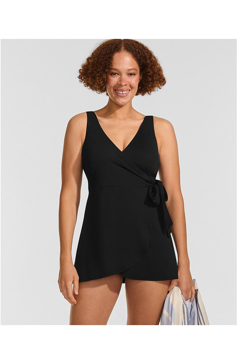 Lands' End Mastectomy Long Side Tie Mini Swim Dress Swimsuit, Alternate, color, Black