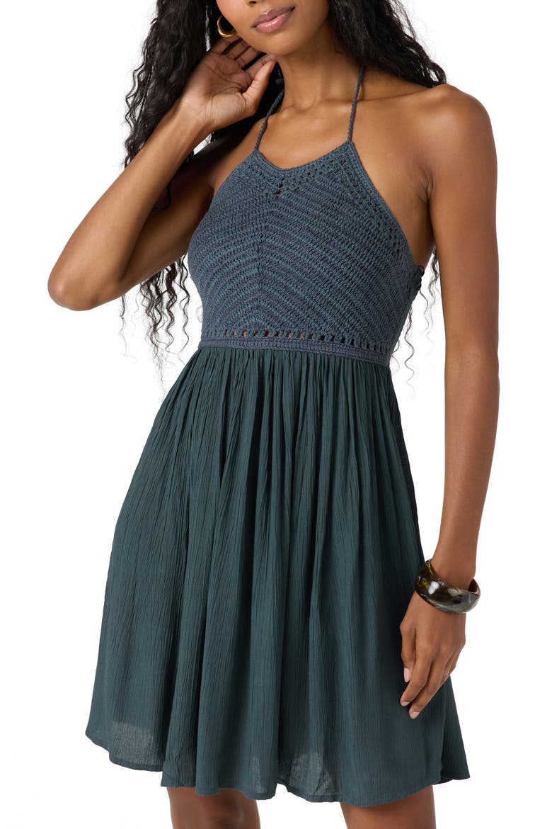 Kindra Mixed Media Halter Dress, Alternate, color, SLATE BLUE