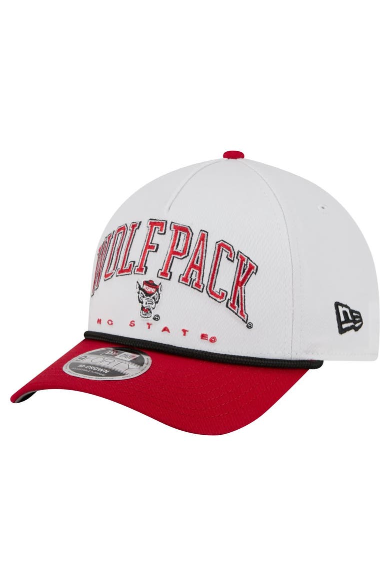 Men's New Era White/Red NC State Wolfpack Arch Two-Tone Rope 9FORTY A-Frame M-Crown Adjustable Hat, Main, color, White
