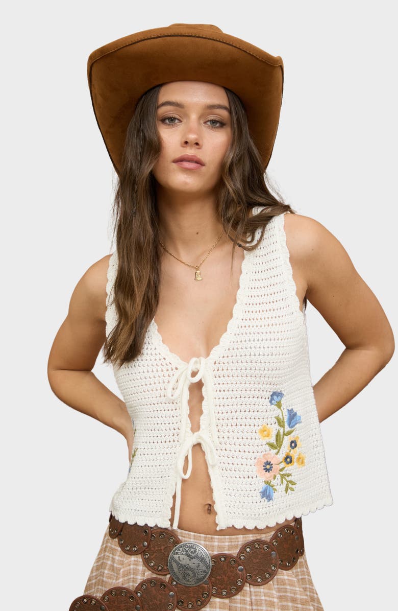 Blu Pepper Floral Embroidered Tie Front Sweater Vest, Alternate, color, Ivory