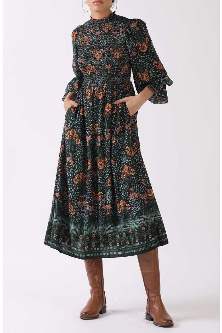 Aurnia Smocked Long Sleeve Midi Dress, Main, color, GREEN
