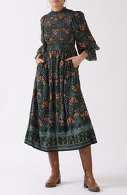 Celina Moon Aurnia Smocked Long Sleeve Midi Dress