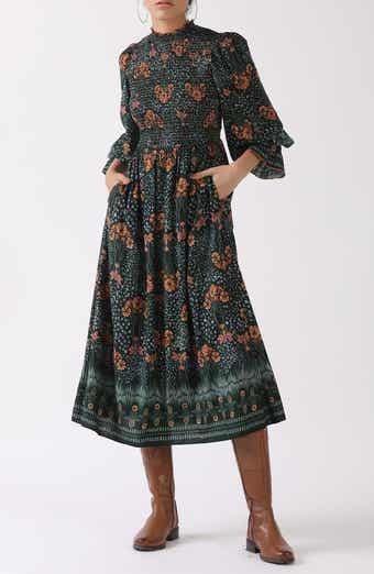 Celina Moon Aurnia Smocked Long Sleeve Midi Dress