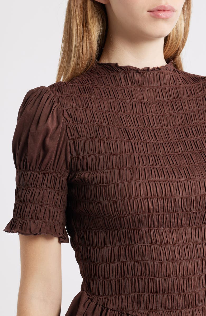 Reformation Aggie Smocked Ruffle Hem Top, Alternate, color, Cafe