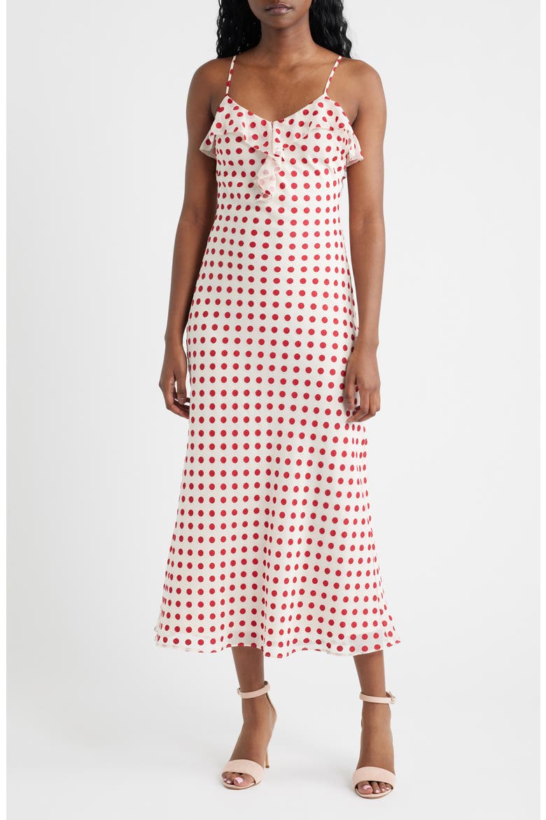 Greer Ruffle Detail Polka Dot Slip Dress, Main, color, CREAM RED