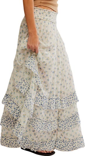 Brynn Mixed Floral Tiered Cotton Blend Maxi Skirt