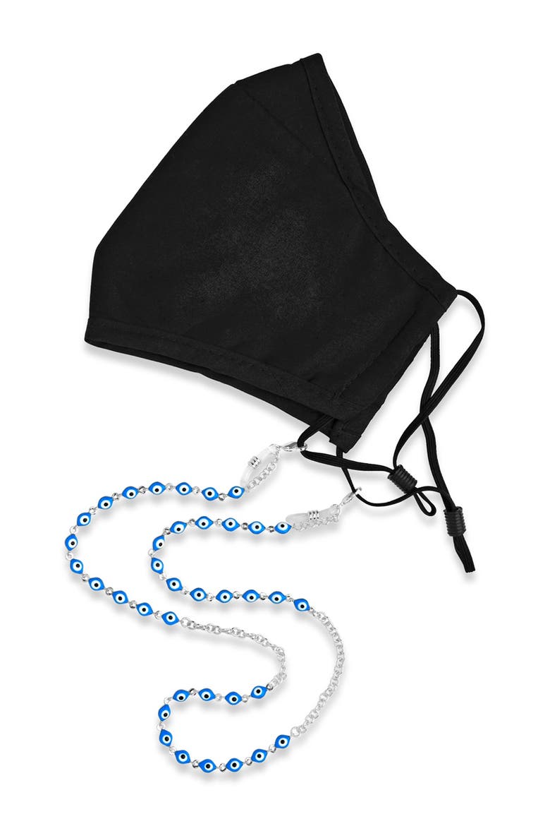 Rhodium Plated Blue Enamel Evil Eye Face Mask Chain, Main, color, SILVER