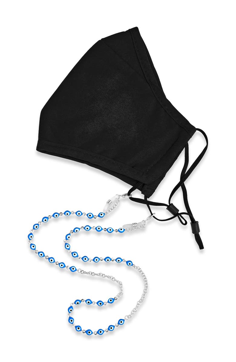 Sterling Forever Rhodium Plated Blue Enamel Evil Eye Face Mask Chain, Main, color, 