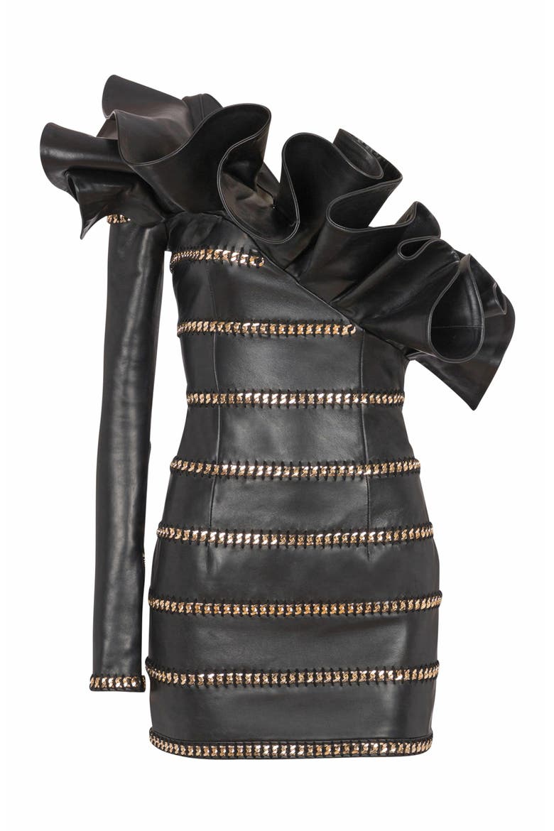 Asymmetric Leather Bodycon Dress With Chains, Alternate, color, Black