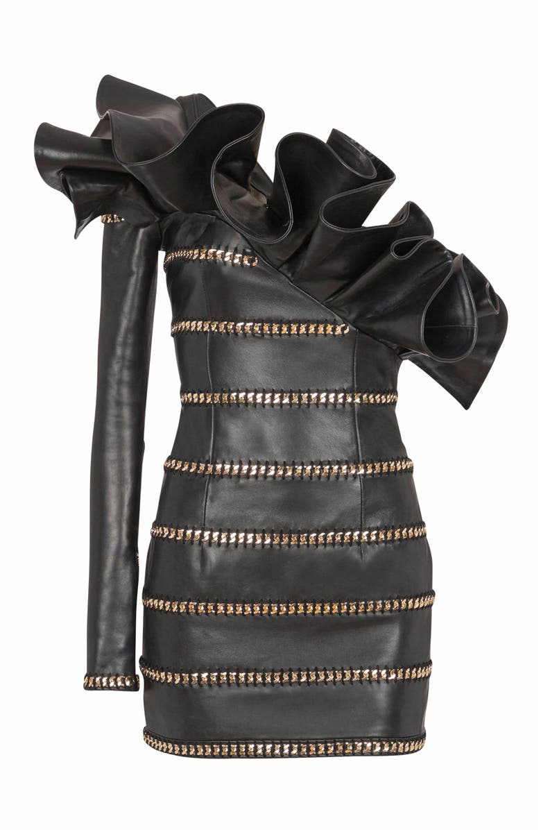 Balmain Asymmetric Leather Bodycon Dress With Chains, Alternate, color, Black
