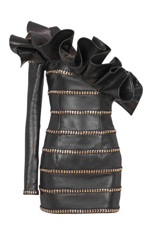 Balmain Asymmetric Leather Bodycon Dress With Chains In Black