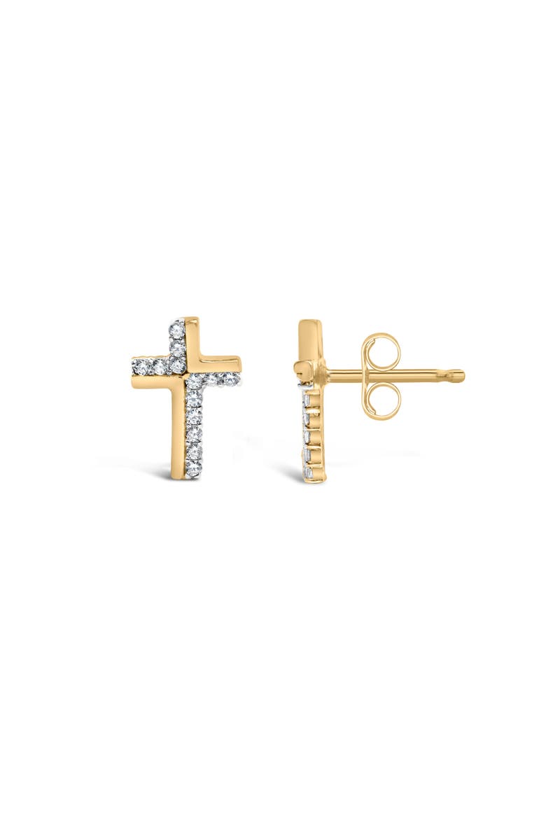 14K Yellow Gold Plated .925 Sterling Silver 1/10 Cttw Diamond Cross Stud Earring, Alternate, color, Yellow Gold over Silver