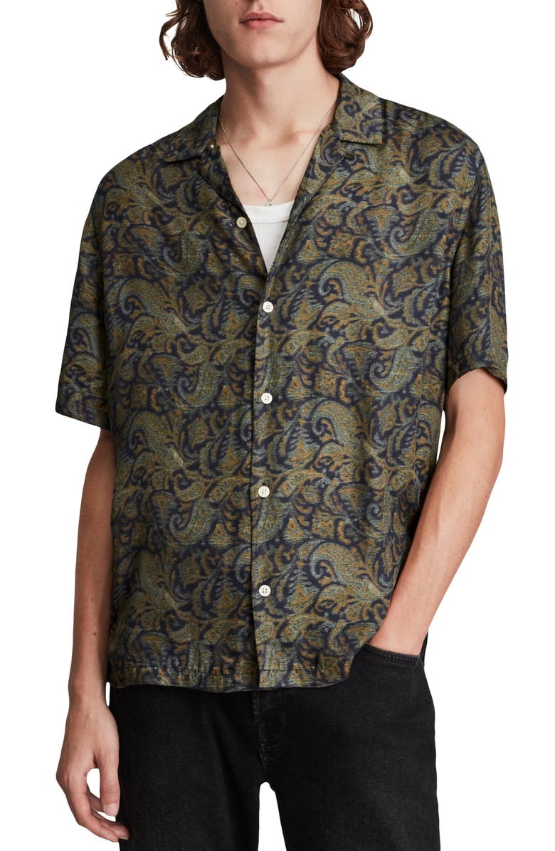 AllSaints Transmission Relaxed Fit Print Short Sleeve Button-Up Shirt, Main, color, Black