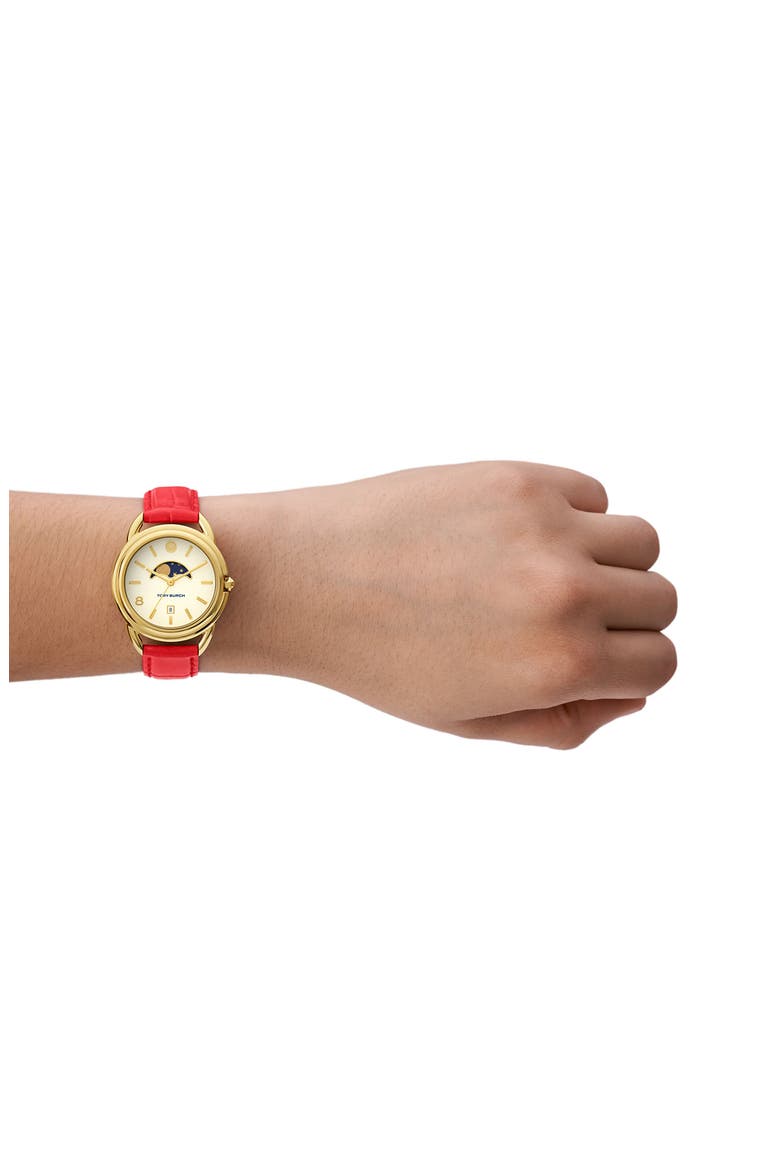 The Miller Moon Phase Leather Strap Watch, 34mm, Alternate, color, RED