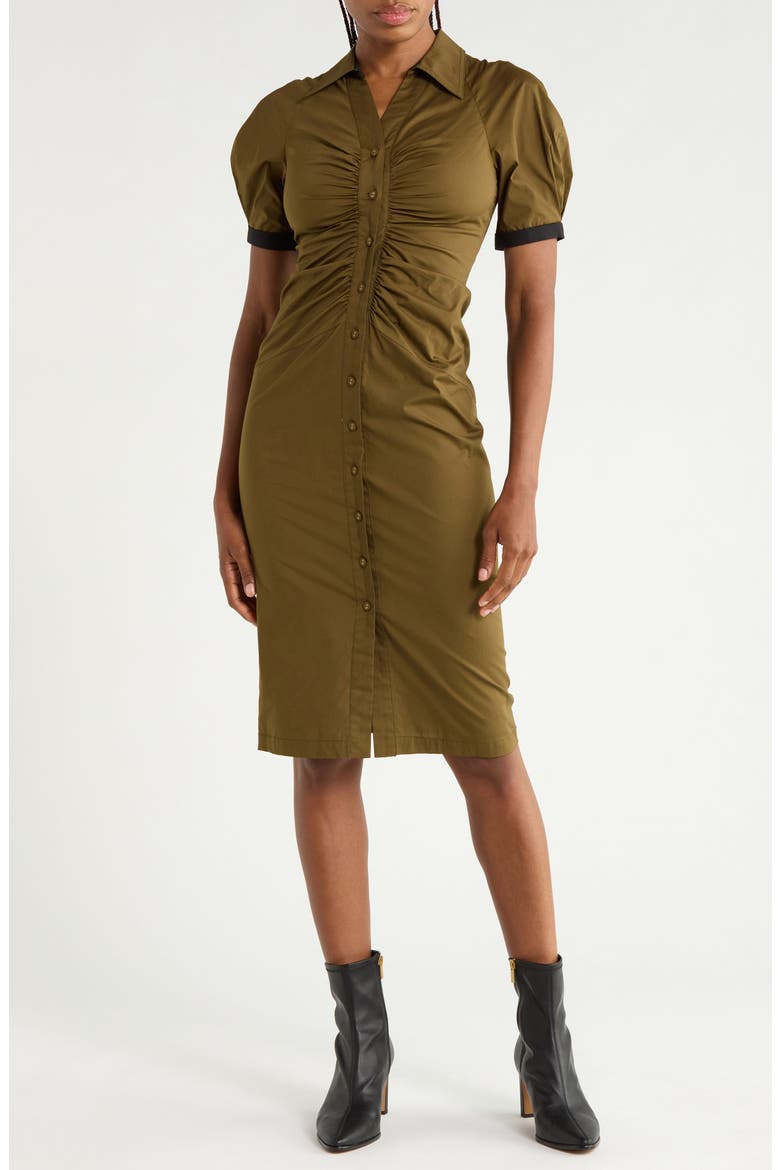 Sheskita Ruched Cotton Blend Shirtdress, Main, color, DARK OLIVE