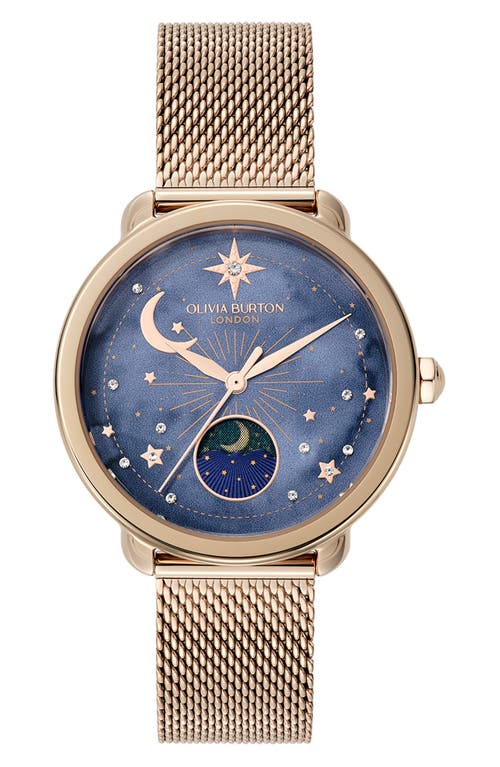 Olivia Burton Women's Moonphase Rose Gold Tone Stainless Steel Mesh Bracelet Watch, 34mm In Gold