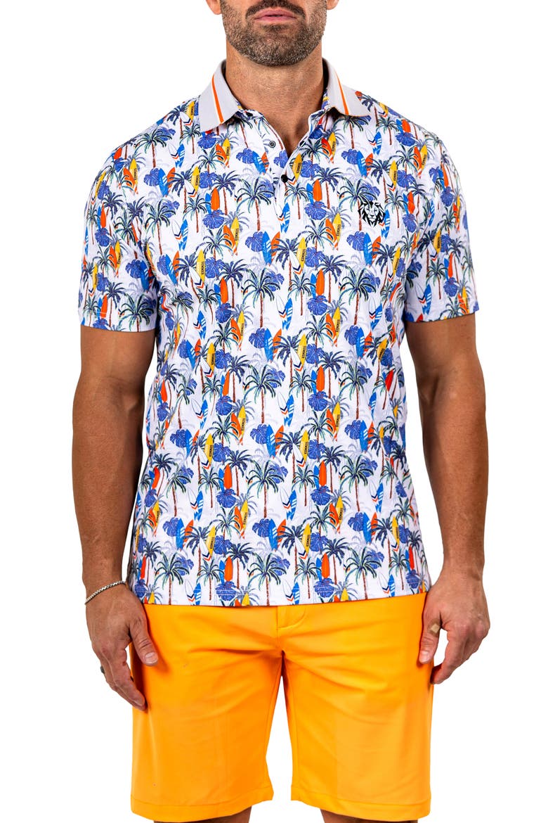 Marthyr0024 White Surfboard Print Golf Polo, Main, color, WHITE