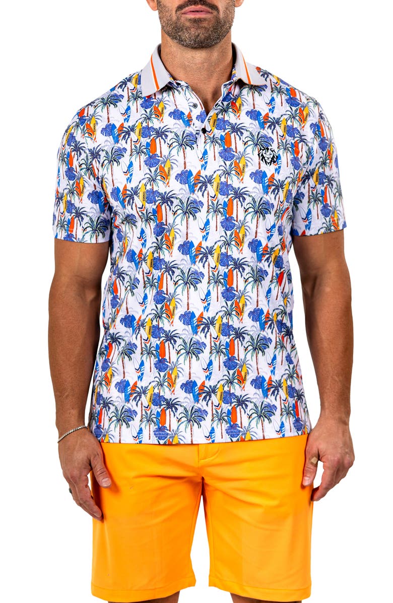 Maceoo Marthyr0024 White Surfboard Print Golf Polo, Main, color, 