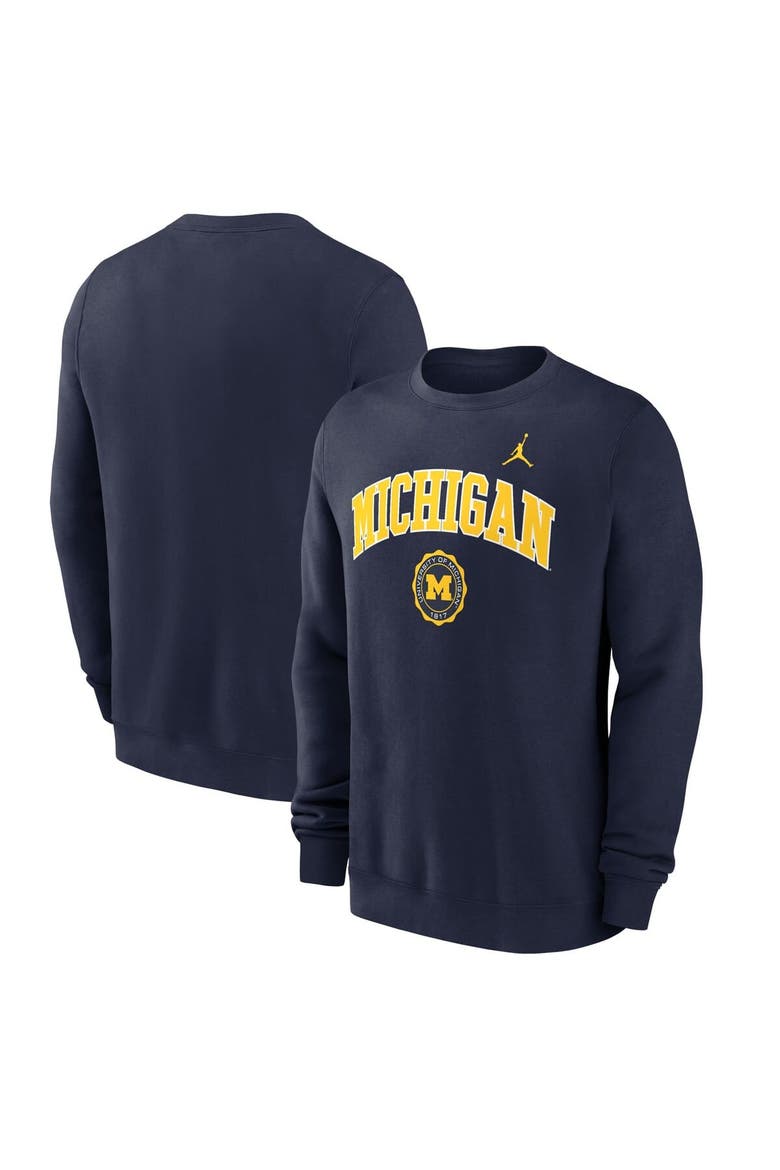 Men's Jordan Brand Navy Michigan Wolverines Arched Seal Pullover Sweatshirt, Main, color, Navy