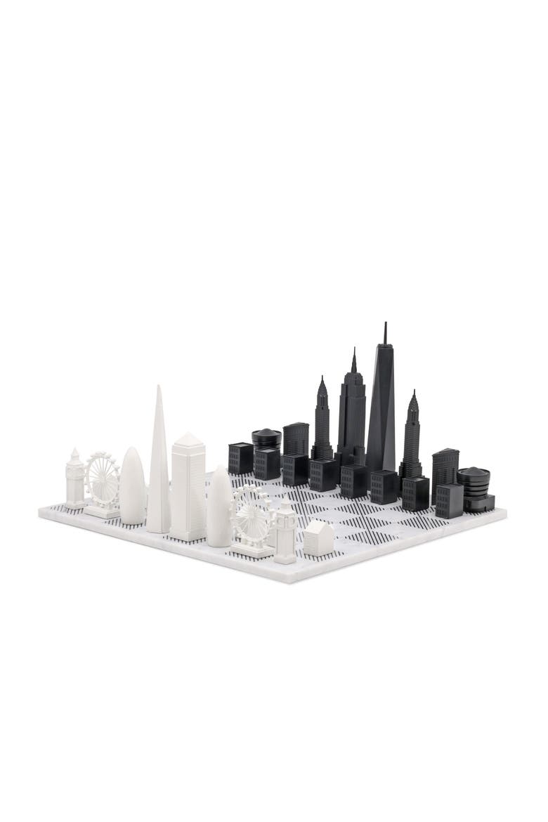 Chess Set Acrylic LONDON vs NEW YORK with Marble Hatch Board, Main, color, White