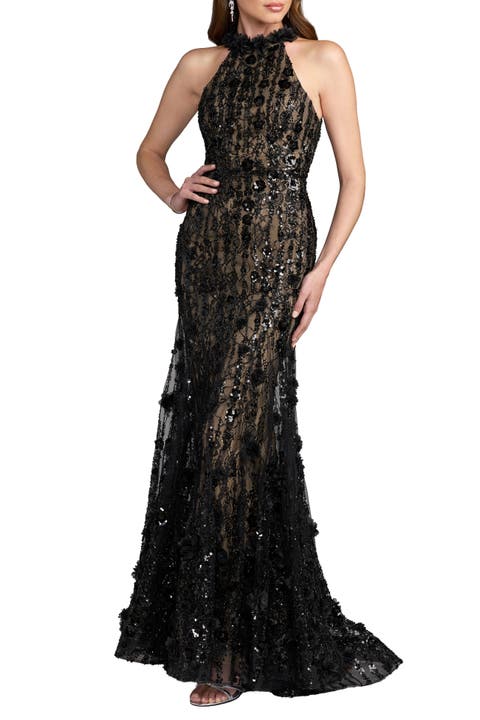 Embellished Lace Sleeveless Halter Neck Gown