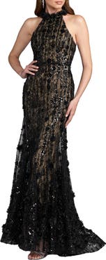 Mac Duggal Embellished Lace Sleeveless Halter Neck Gown