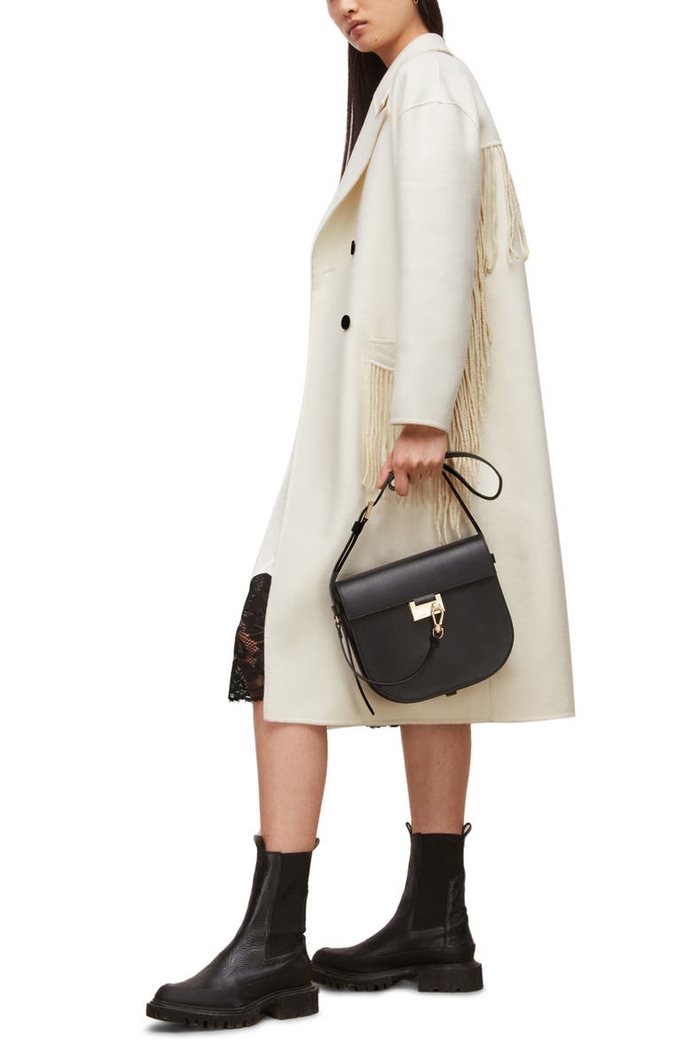 AllSaints Freya Fringed Double Breasted Wool Blend Coat, Alternate, color,