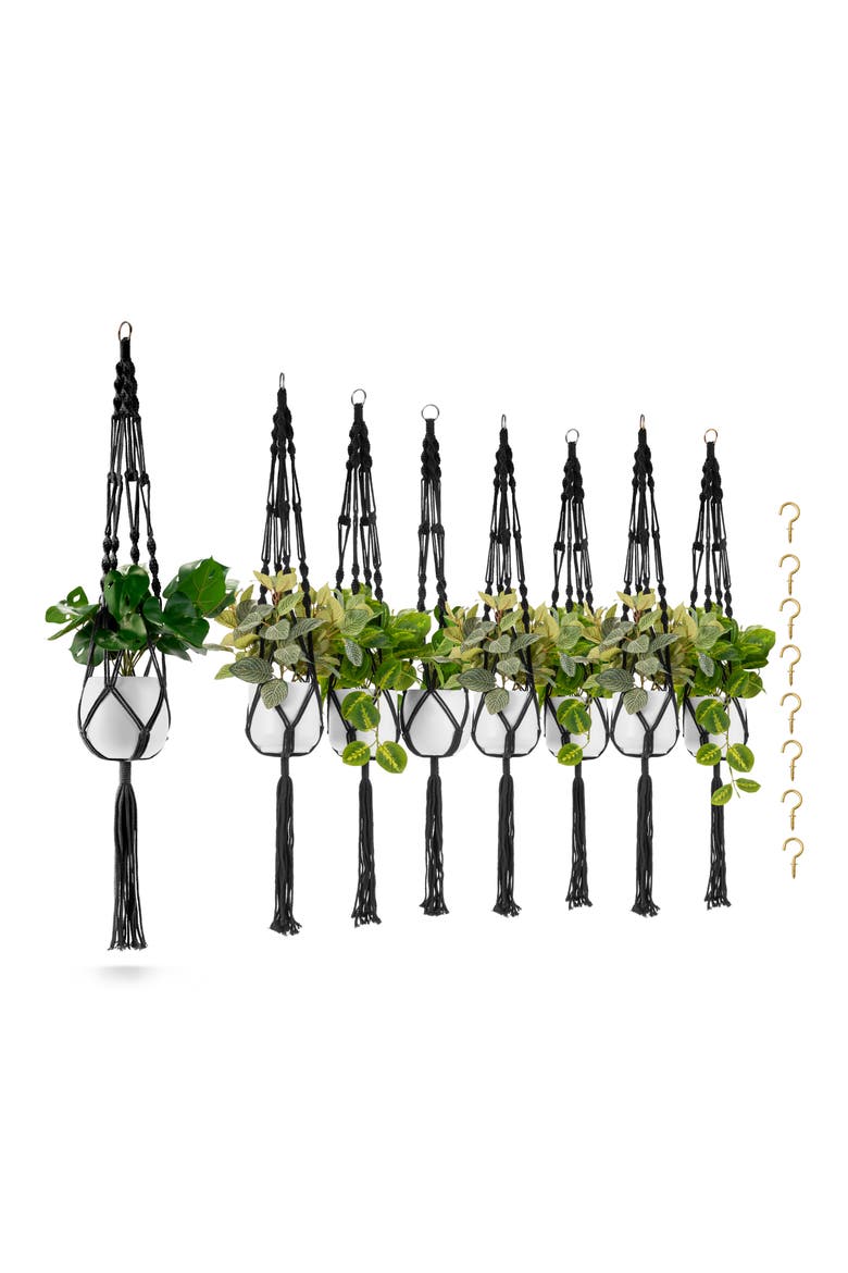 Set of 8 Macramé Plant Hangers, Alternate, color, BLACK