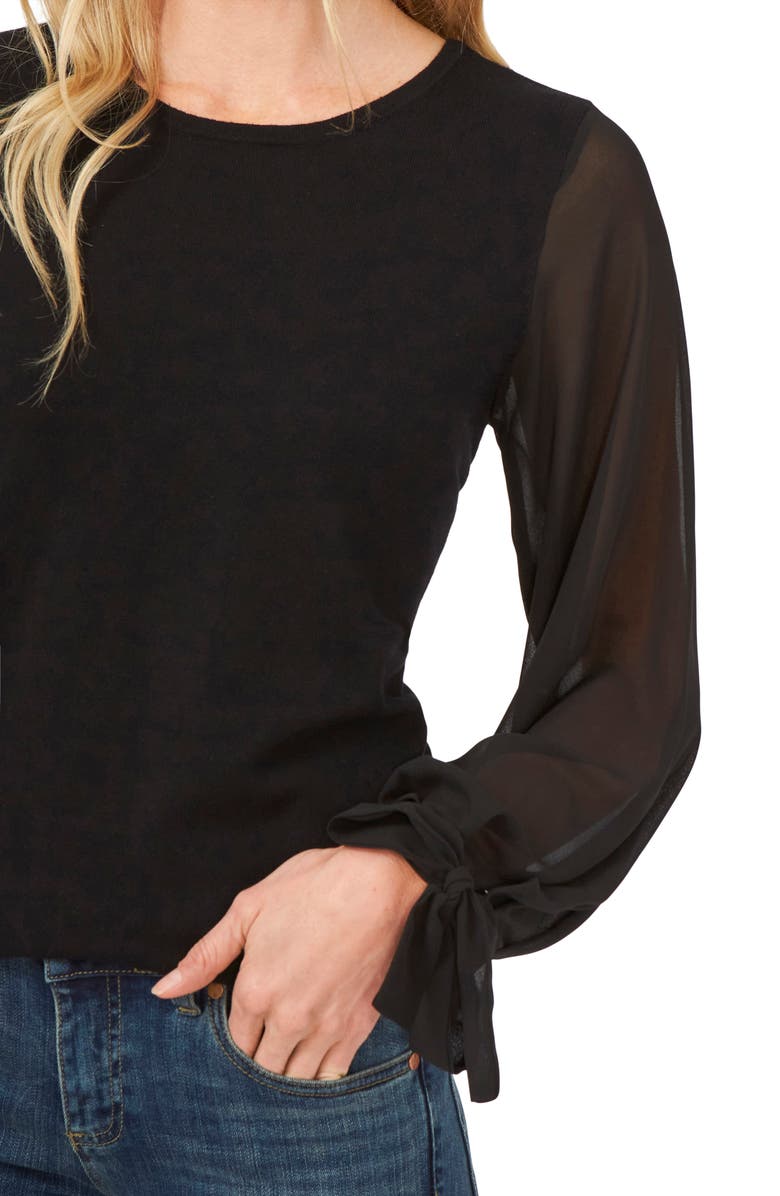 CeCe Mixed Media Tie Cuff Top, Alternate, color,