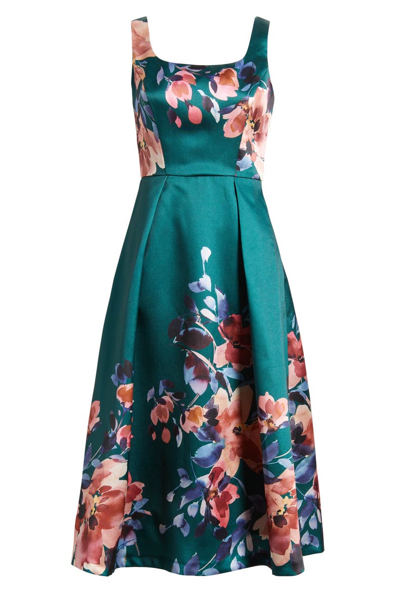 Pleated Fit & Flare Sleeveless Cocktail Midi Dress, Alternate, color, GREEN MULTI