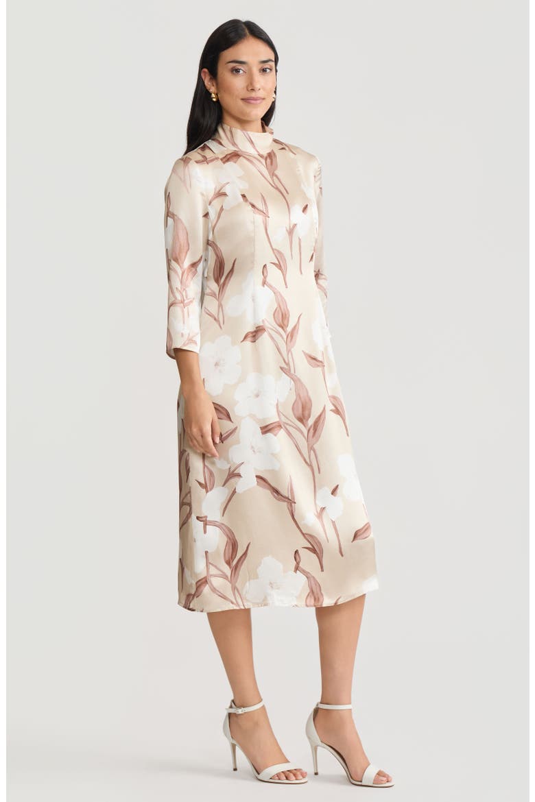 A-Line Floral Print Silk Midi Dress, Alternate, color, Biscotti/Charmeuse