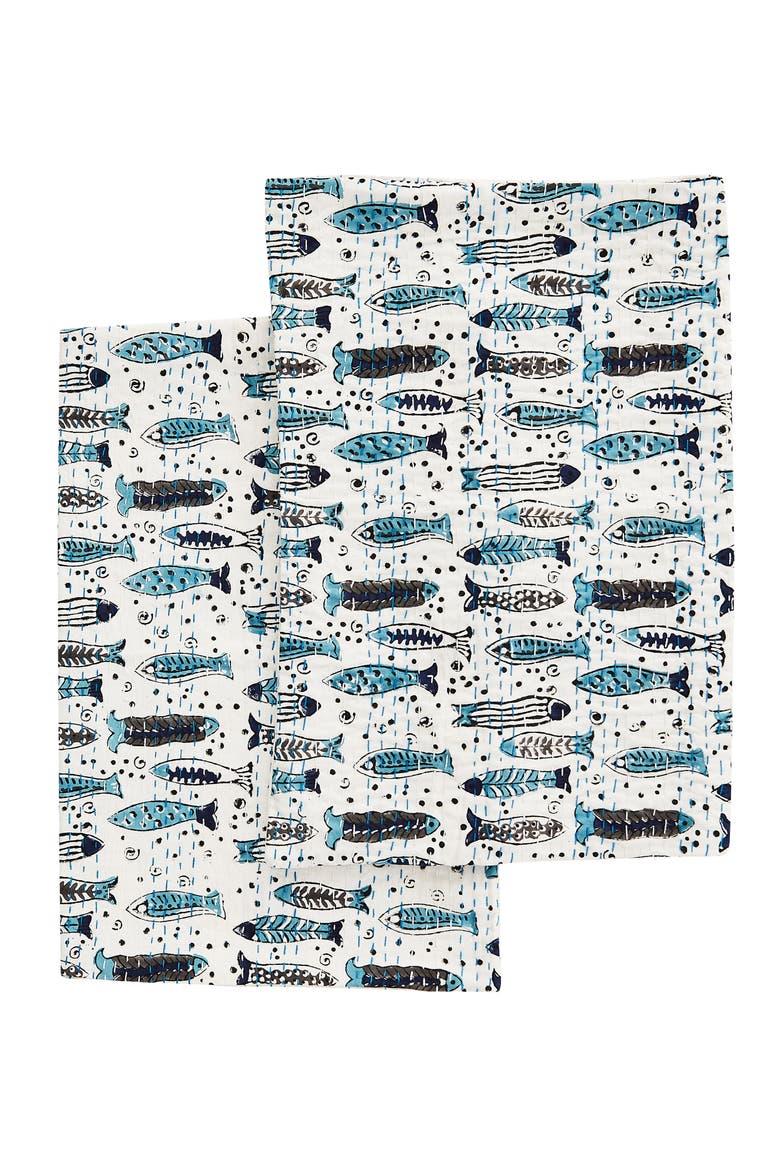 Fish Handstitched Kantha Set of 2 Cotton Shams, Alternate, color, INDIGO