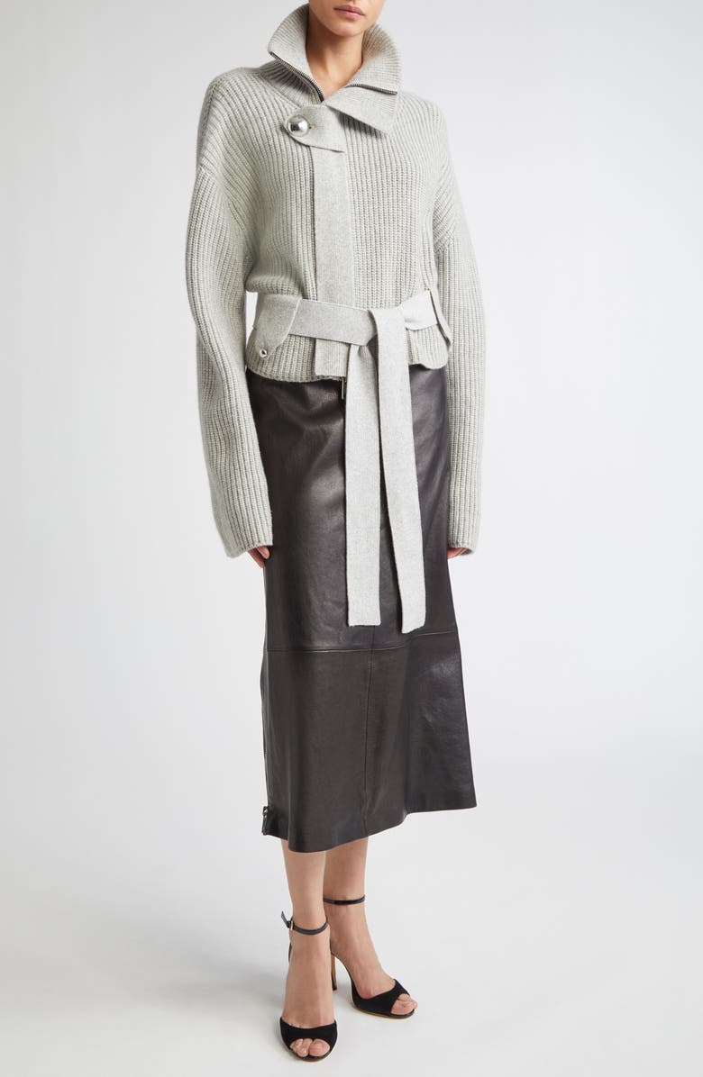 Brandon Maxwell Leather Midi Skirt, Alternate, color, Black