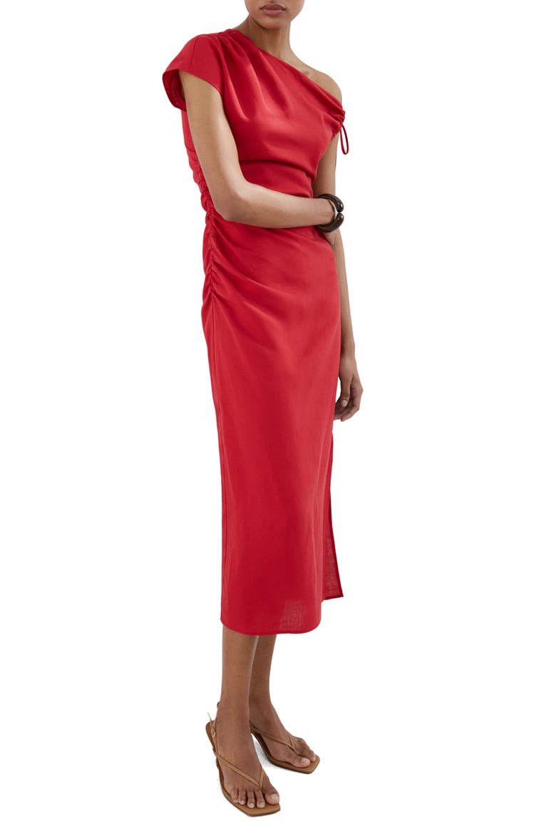 Side Ruched One-Shoulder Midi Dress, Main, color, RED