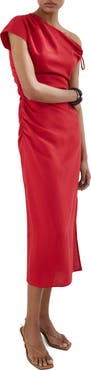MANGO Side Ruched One-Shoulder Midi Dress