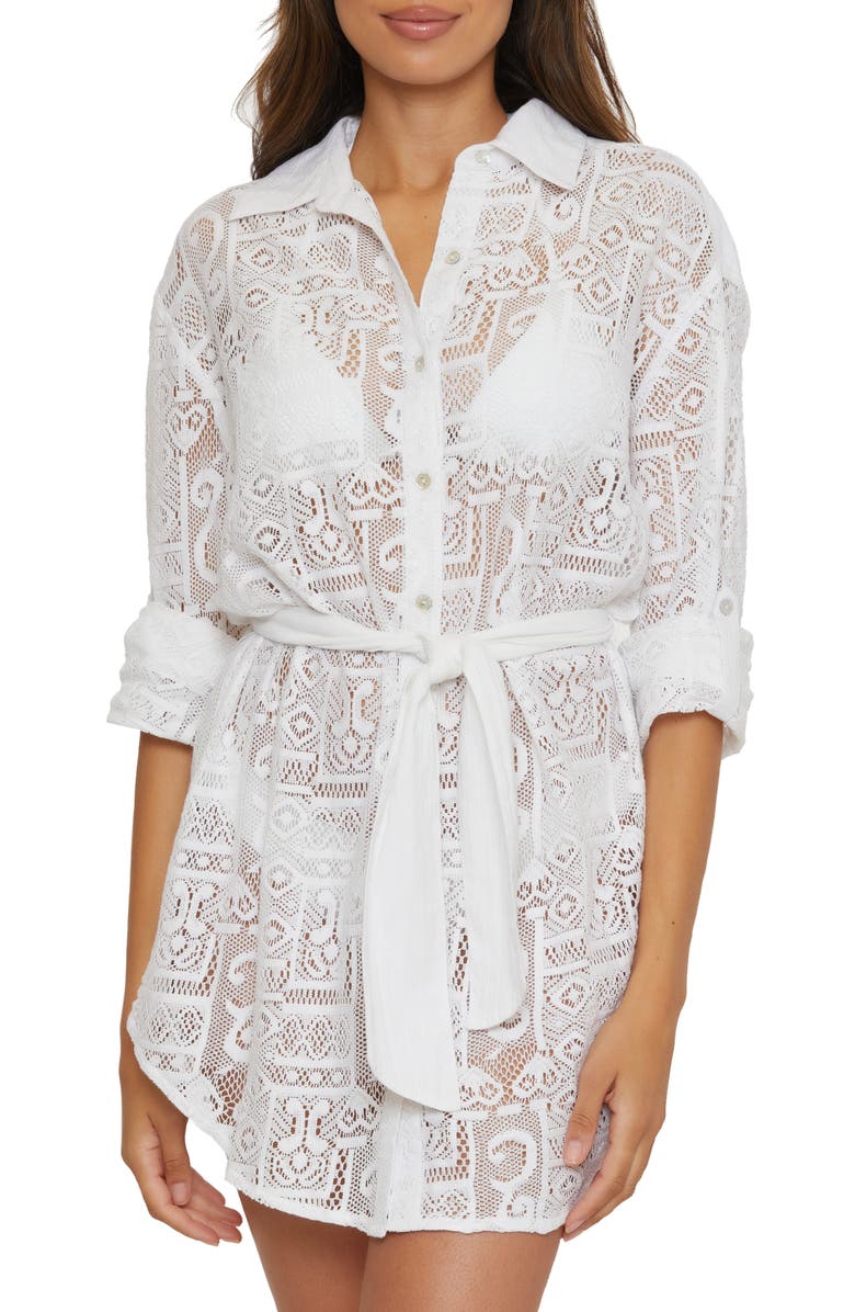 Becca Long Sleeve Sheer Lace Cover-Up Shirtdress, Alternate, color,