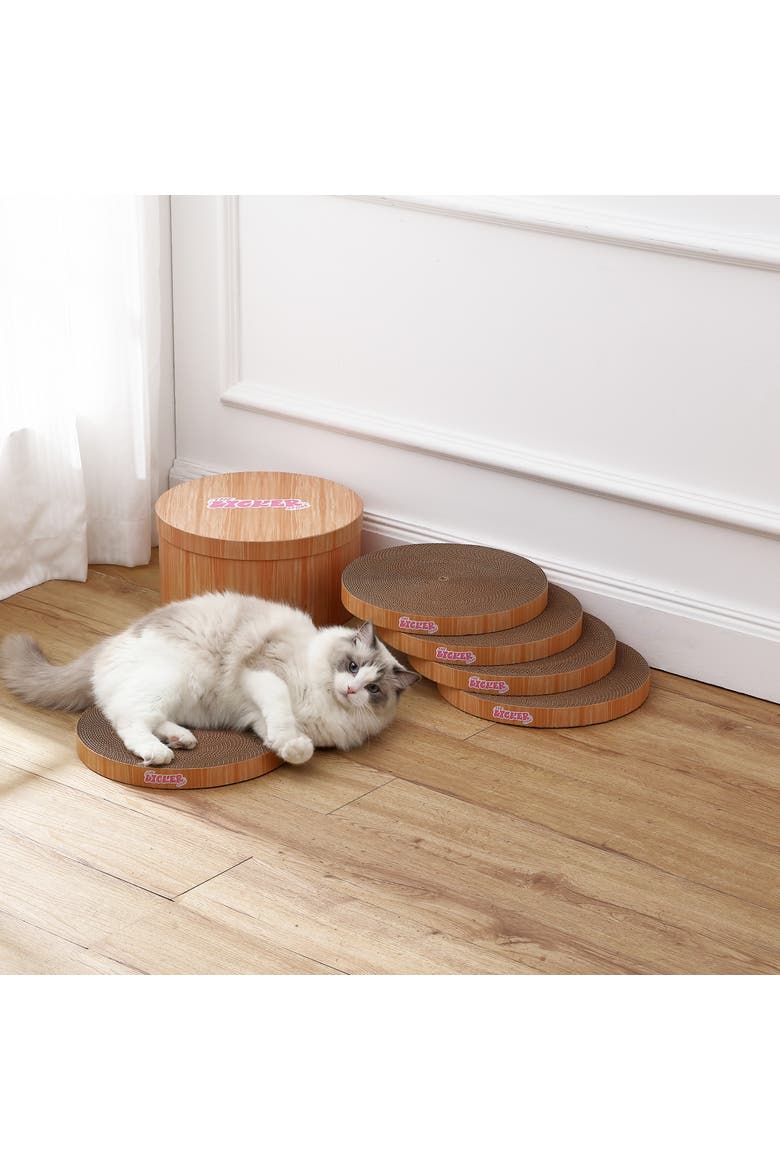 Kate Modern Patterned Cardboard Reversible Cat Scratcher Pad In Box with Catnip, Alternate, color, Brown Wood Grain Finish