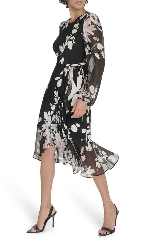 Tommy Hilfiger Floral Long Sleeve Ruffle Mixed Media Midi Dress In Black
