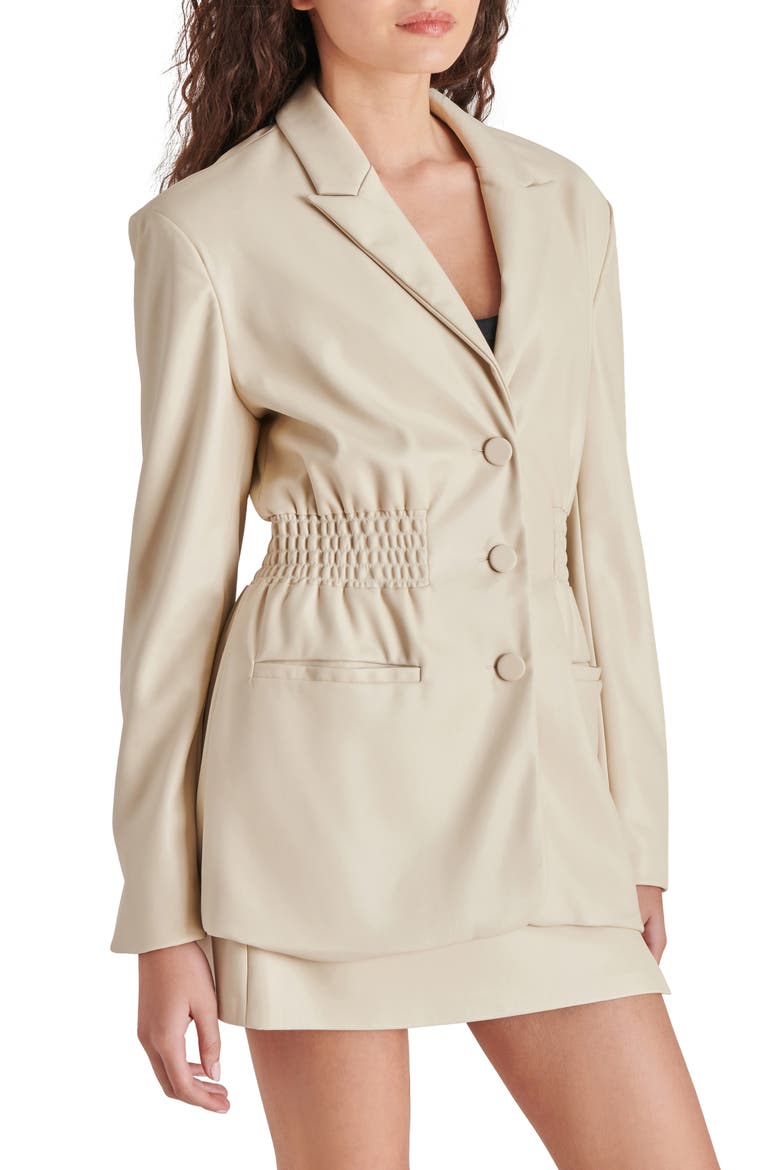 Frida Smock Waist Faux Leather Blazer, Alternate, color, BONE