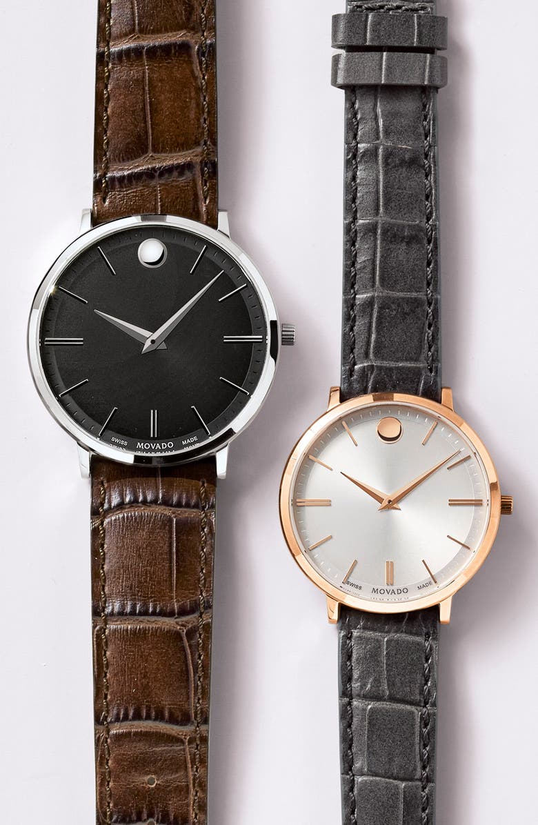 Movado Ultra Slim Leather Strap Watch, 40mm, Alternate, color, 