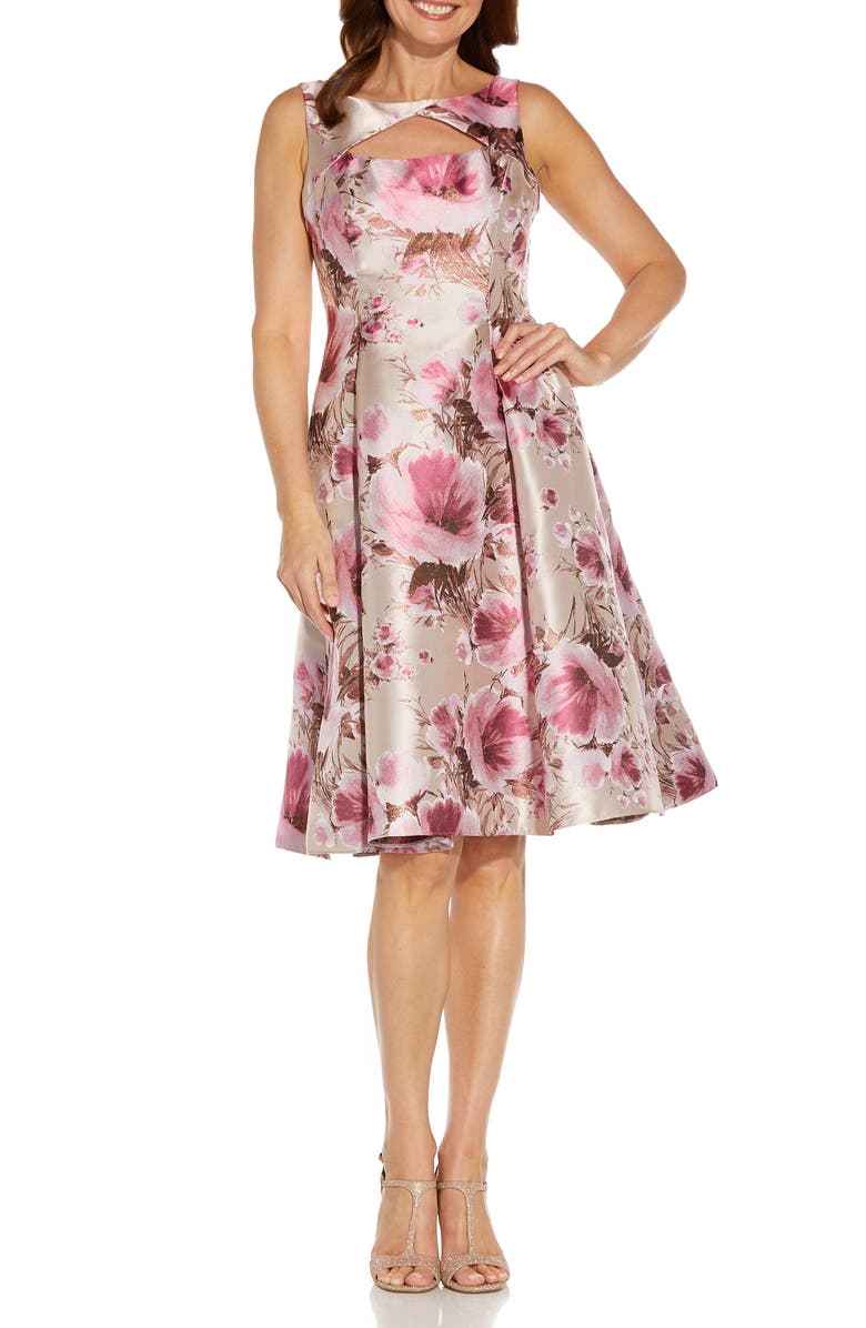 Adrianna Papell Metallic Floral Jacquard Fit & Flare Cocktail Dress, Main, color,