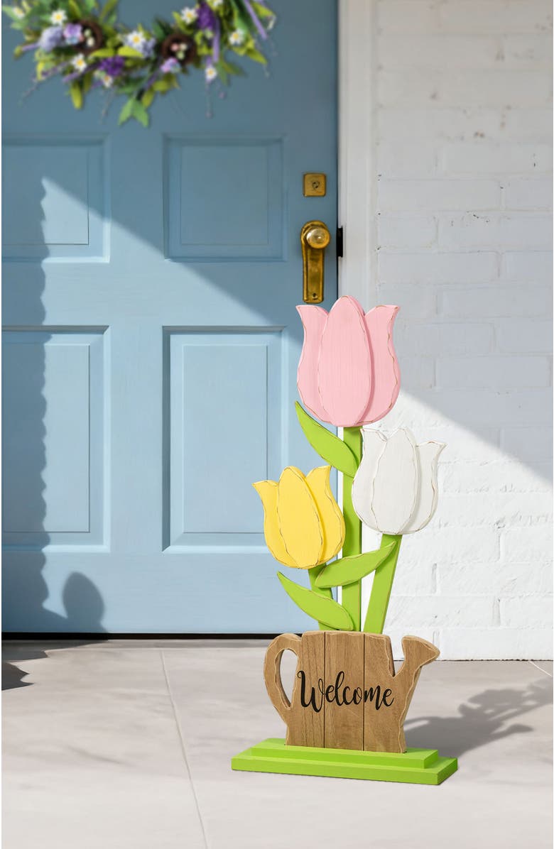 Glitzhome 30"H Easter Wooden Tulip Porch Decor, Alternate, color, White