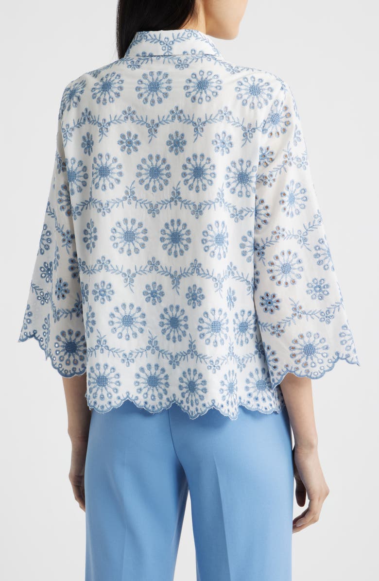 Anne Klein Embroidered Eyelet Cotton Button-Up Shirt, Alternate, color, Crisp White/ Lagoon
