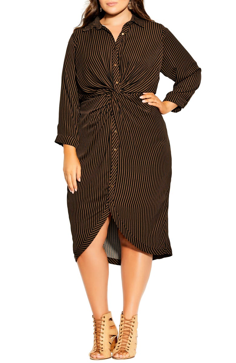 City Chic Twisted Stripe Long Sleeve Shirtdress, Main, color,
