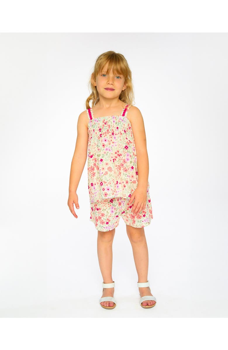 Deux par Deux Tank Top with Smocking and Flowers Shorts Set in Muslin, Alternate, color, Off White Printed Flowers