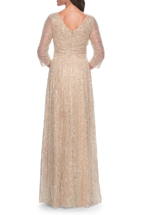 La Femme Beaded Sequin Dress With Ruched Waist And V Neckline In Champagne