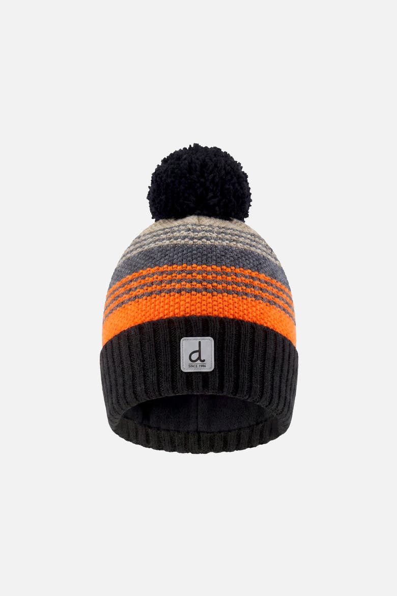Striped Ribbed Cuff Knit Hat with Pompom, Main, color, Grey and Orange Stripes