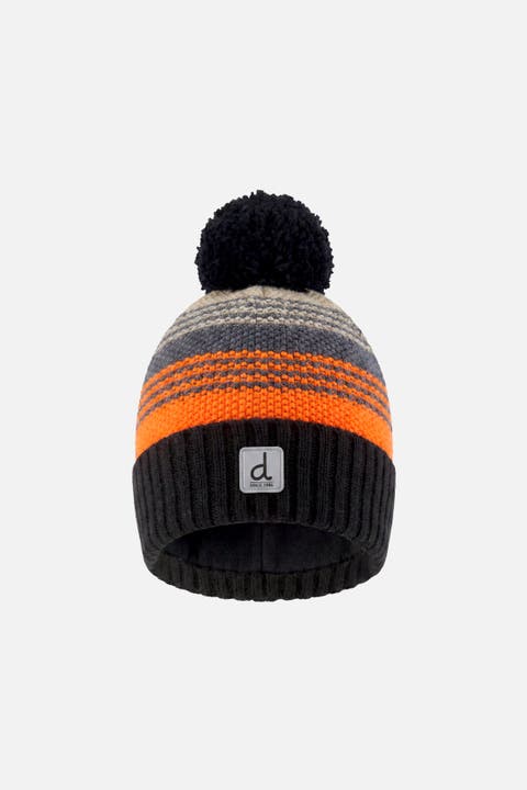 Striped Ribbed Cuff Knit Hat with Pompom